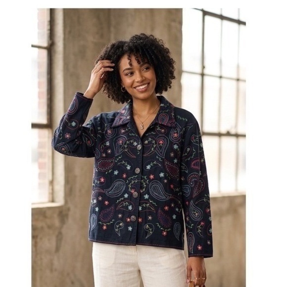 Vintage Units Navy Blue Embroidered Paisley Floral Button Front Jacket